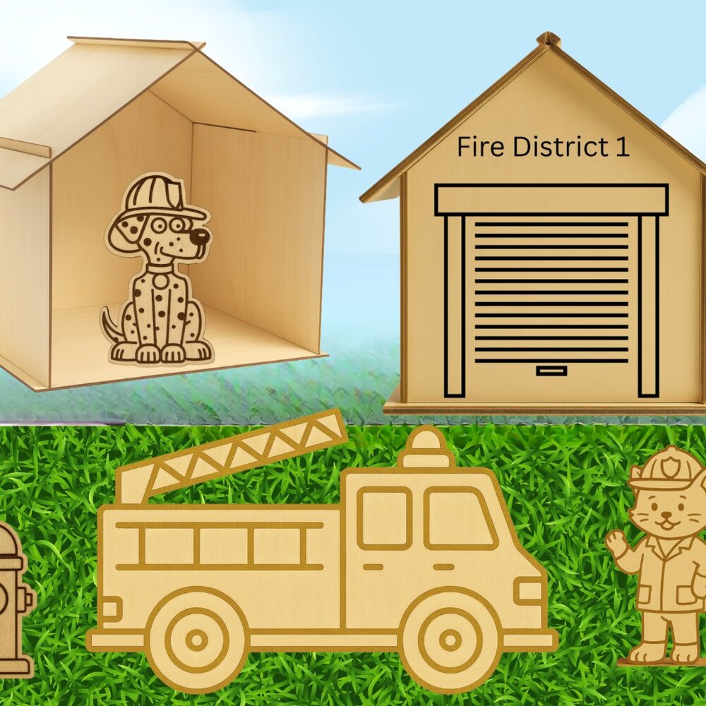 Mini Pet Firehouse Kit for Kids, DIY Wooden Firehouse/ Pets & Accessories